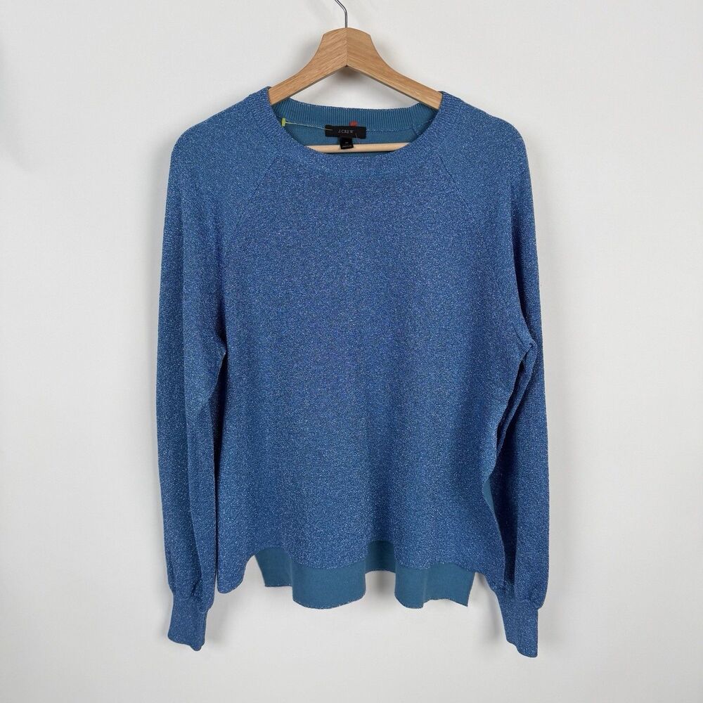 J.CREW Crew Neck Raglan Sweater Womens M Blue Metallic Shimmer Side Slit Preppy
